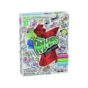 Fruit Roll Ups Variety Pack sono 10 fogli sottilissimi di dolce caramella, arrotolati a forma di bastoncino, ai gusti di frutta. Ai gusti di fragola, lampone blu e tropical dye. Le Fruit Roll-Ups le puoi utilizzare per avvolgere le tue caramelle preferite a mò di piadina. E non è tutto. Sui fogli ci sono dei simpaticissimi tattoos per la lingua. Scopri ora Fruit Roll Ups Variety Pack !