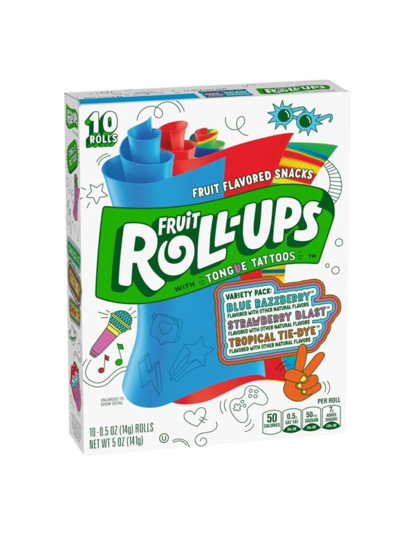 Fruit Roll Ups Variety Pack sono 10 fogli sottilissimi di dolce caramella, arrotolati a forma di bastoncino, ai gusti di frutta. Ai gusti di fragola, lampone blu e tropical dye. Le Fruit Roll-Ups le puoi utilizzare per avvolgere le tue caramelle preferite a mò di piadina. E non è tutto. Sui fogli ci sono dei simpaticissimi tattoos per la lingua. Scopri ora Fruit Roll Ups Variety Pack.