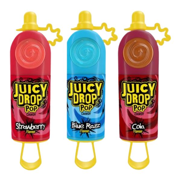 Juicy Drop Pop - 26 gr Juicy Drop Pop : lecca-lecca ai gusti di fragola, lampone e cola in un pratico dosatore che ti consente di goderti la quantità che desideri di questa dolce e succosa caramella e conservarla per dopo. Che aspetti a provarla?