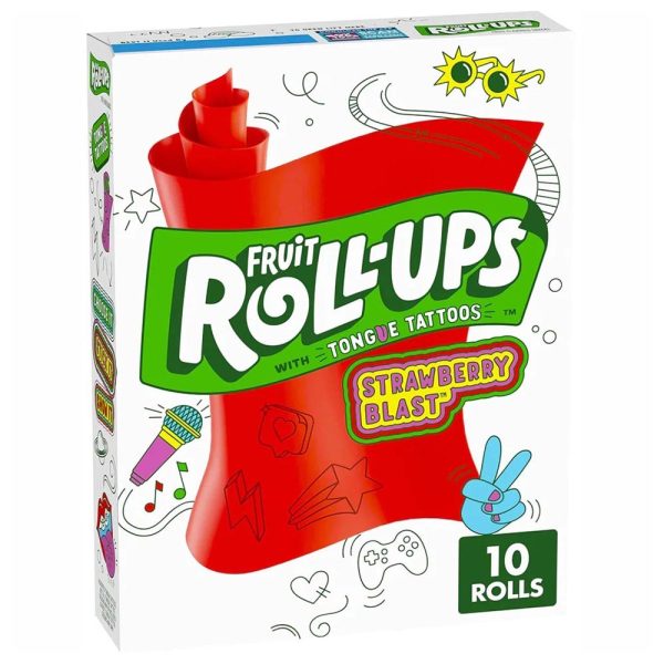 Fruit Roll-Ups Strawberry Blast Fruit Roll Ups Strawberry Blast sono 10 fogli sottilissimi di dolce caramella, arrotolati a forma di bastoncino, ai gusti di frutta. Allo strepitoso gusto di esplosione di fragole. Le Fruit Roll-Ups le puoi utilizzare per avvolgere le tue caramelle preferite a mò di piadina. E non è tutto. Sui fogli ci sono dei simpaticissimi tattoos per la lingua. Scopri ora Fruit Roll Ups Strawberry Blast.