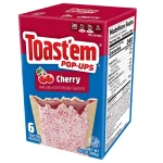 Toast em Pop Tarts Frosted Cherry. La colazione non è mai stata così facile, veloce e gustosa. Completamente cotti, pronti da mangiare e con una  buona fonte di 7 vitamine e minerali. Ugualmente gustosi sia se estratti dalla scatola, se usciti dal tostapane o riscaldati nel microonde. Questi biscottoni sono perfetti per la soddisfazione in movimento. Hanno un delizioso ripieno di ciliegie e un rivestimento esterno satinato. Le tue papille gustative chiederanno di più. Pop-Tarts Toast em con ciliegie glassate, 6 biscottoni per scatola.