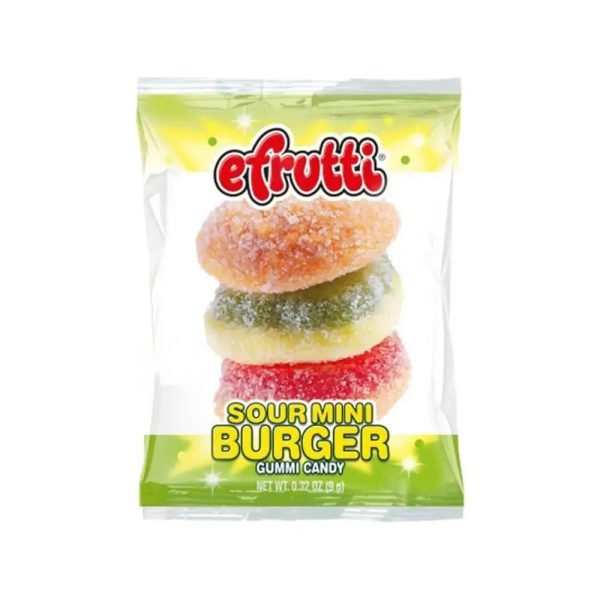 efrutti-gummi-mini-burger-sour e Frutti Sour Mini Burger : questa caramella golosa alla frutta è a forma di mini burger. La superficie è ricoperta di zuccherini Aspri per una forte esperienza di dolce ed Aspro. Una vera delizia per grandi e piccini. Ogni caramella gelatinosa è incartata individualmente per garantire una maggiore freschezza.