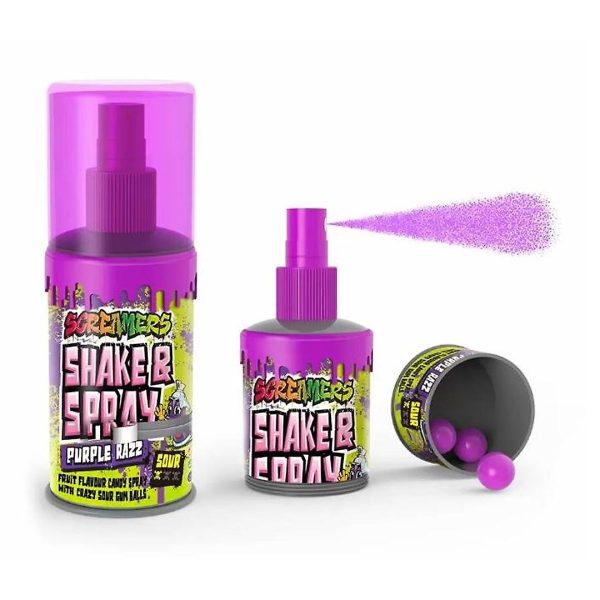 Shake and Spray Purple Razz Ti piace il suono che fa una bomboletta di vernice spray? Ora puoi provare la stessa esperienza con la versione caramella in Zed Candy Screamers Shake & Spray Purple Razz. La parte superiore della “bomboletta” è riempita con il delizioso sour spray. La parte inferiore contiene tre super aspra gomme da masticare alla fragola. Preparati per un’esplosione di sapori con Zed Candy Screamers Shake & Spray Purple Razz!