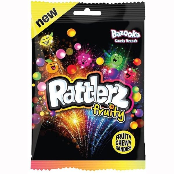 Bazooka Rattlerz Fruity Bazooka Rattlerz Fruity: Caramelle gommose dal sapore fruttato, racchiuse in un guscio croccante e dolce e rivestite di polvere acida.
