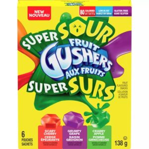 Super Sour Fruit Gushers 132 gr. Gli snack Gushers Super Aspri al gusto di frutta sono una squisita delizia che unisce un centro succoso e liquido a un guscio esterno gommoso. Questi snack senza glutine e gelatina, offrono un'esplosione di sapore di mirtillo e uva, frutti di bosco e lampone limonata. Confezionati singolarmente, sono un comodo spuntino da portare con sé. I Gushers offrono un modo divertente e gustoso per soddisfare la vostra di dolce, assaporando una consistenza unica che delizierà sicuramente le vostre papille gustative.