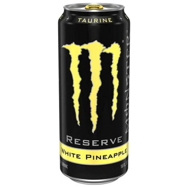 Tutta la carica di Monster in questa bevanda dal gusto dolce e aspro dell’ananas. Lattina UK  da 500ml con logo Monster e simbolo del pound sulla sinistra della M. Scopri Monster Energy Reserve White Pineapple! Ultime lattine con difetti, fuori produzione. BBD 2024 non adatta al consumo umano. SOLO PER COLLEZIONISTI