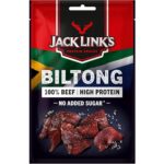 Il Biltong, lo spuntino nazionale sudafricano, è fatto con carne di manzo essiccata. Gusta il sapore autentico del Sudafrica con il Jack Links Biltong Original. Un prodotto per gli spiriti avventurosi. Tagli selezionati di carne di manzo di prima qualità, conditi, marinati ed essiccati all'aria, garantiscono un'esperienza di gusto deliziosa e unica. Assapora i sapori del Sudafrica! Un ottimo spuntino che contiene più del 50% di proteine.