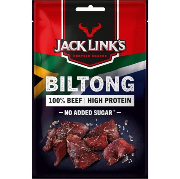 Il Biltong, lo spuntino nazionale sudafricano, è fatto con carne di manzo essiccata. Gusta il sapore autentico del Sudafrica con il Jack Links Biltong Original. Un prodotto per gli spiriti avventurosi. Tagli selezionati di carne di manzo di prima qualità, conditi, marinati ed essiccati all'aria, garantiscono un'esperienza di gusto deliziosa e unica. Assapora i sapori del Sudafrica! Un ottimo spuntino che contiene più del 50% di proteine.