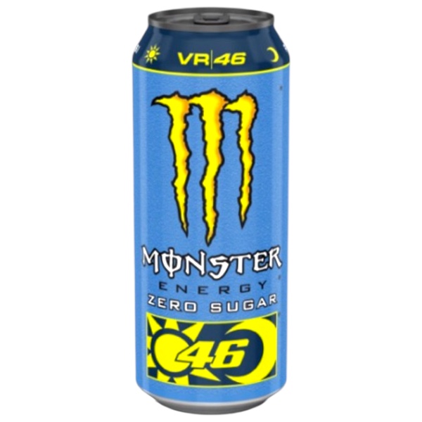 Monster VR46 Zero Sugar NL 500 ml The Doctor.  Latina da 500 ml versione Olandese Senza Zucchero. Monster Energy Valentino Rossi VR46 500 ml, bevanda energetica gassata con 160 mg di caffeina. VR46 ha un sapore diverso dalle tradizionali bevande energetiche, con un leggero, fresco e agrumato gusto. Abbiamo collaborato con il campione di MotoGP, Valentino Rossi, detto ""The Doctor"", per creare la nostra Monster più veloce di sempre. Servire freddo per la massima freschezza.