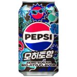 Pepsi Zero Mojito Korea! Una cola senza zucchero con il gusto di menta e lime, il sapore del Mojito che si fonde con il gusto unico della Pepsi. Perfetta per un drink rinfrescante in stile cocktail ogni volta che hai voglia di una bevanda gustosa e frizzante.
