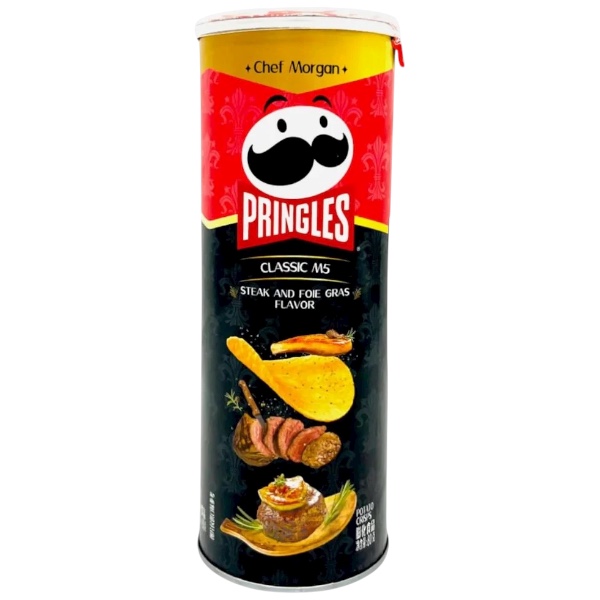 Pringles Steak And Foie Gras da 80 gr. Scopri il piacere di degustare queste  Pringles al sapore foie gras e bistecca di manzo. Sono state create dallo Chef Morgan. Perfette per chi cerca qualcosa di più del solito snack. Lasciati sorprendere dall'equilibrio tra la ricchezza del foie gras e il sapore succulento della bistecca di manzo per un’esperienza di gusto unica
