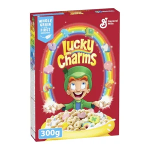 Rendi le mattine più magiche con i Lucky Charms da 300 gr. Questa confezione include enormi marshmallow a forma di arcobaleno, insieme ai classici cuori, stelle, quadrifogli, lune blu, unicorni e palloncini rossi. Senza glutine, ricchi di vitamine, calcio e 19 g di cereali integrali per porzione. Magicamente deliziosi! ✨