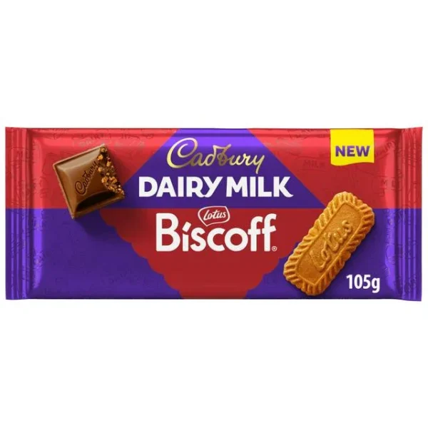 Cadbury Dairy Milk Biscoff da 105 gr. Lasciatevi conquistare dalla deliziosa combinazione di cioccolato Cadbury Dairy Milk e biscotti Biscoff. Ogni morso di questa barretta da 105 g racchiude il gusto cremoso del cioccolato Cadbury e il sapore croccante e caramellato dei biscotti Biscoff. Perfetta per una dolce coccola o da condividere con amici e familiari.