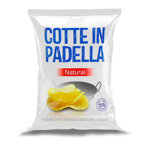 cotte in padella Natural (1) Cotte in padella Natural da 120 gr. Le Patatine Naturali Cotte in Padella 120 g sono croccanti, dorate e irresistibili, preparate con ingredienti semplici e genuini. Fritte lentamente per esaltare il gusto autentico della patata, senza additivi né conservanti. Perfette per un aperitivo o uno snack dal sapore casalingo e naturale. ✨Le più amate, uniche gustose ed originali patatine Cotte In Padella® versione Natural, praticamente perfette, solo con un pizzico di sale aggiunto. Senza Glutine.