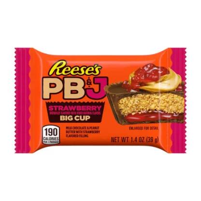 Reese's PB&J Strawberry big cup 39gr l’unione perfetta tra il classico burro d’arachidi Reese’s e un cuore cremoso di marmellata alla fragola. Un gusto irresistibile che richiama il celebre sandwich americano PB&J, in una versione golosa e intensa. Dolce, salato e assolutamente