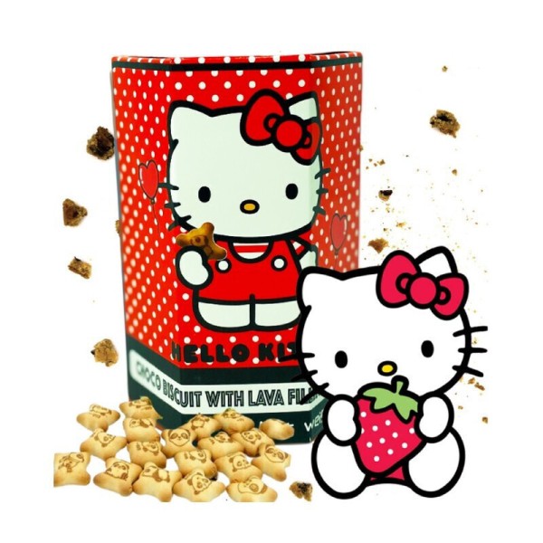 Hello Kitty Choco Biscuit with Lava Filling 40 gr. Hello Kitty Choco Biscuit with Lava Filling sono fragranti biscotti al cacao con cuore morbido e cremoso di cioccolato. Un dolce perfetto per i fan di Hello Kitty e per gli amanti dei dessert al cioccolato. Confezione rigida con grafica Sanrio, ideale anche come idea regalo o gadget kawaii.
