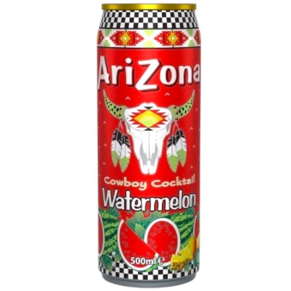 Arizona Cowboy Coktail Watermelon 500 ml.  Una bevanda americana super rinfrescante dal gusto intenso di anguria. Arizona Cowboy Watermelon 500ml Bevanda All'anguria combina dolcezza fruttata e stile iconico AriZona in una bottiglia da 500ml perfetta da bere ghiacciata.