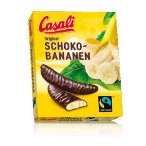 Original Casali Chocolate Bananas 150 gr. Le Original Casali Chocolate Bananas uniscono una soffice mousse di banana all’8% di vera frutta con una croccante copertura di cioccolato Fairtrade. Senza coloranti né conservanti, naturalmente senza glutine e confezionate in pratiche scatole riciclabili da 150 g. Un dolce fruttato, fresco e irresistibile, ideale per chi cerca gusto autentico e qualità sostenibile.