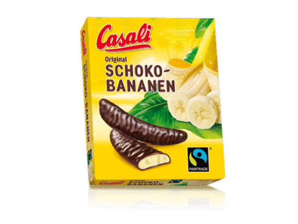 Original Casali Chocolate Bananas 150 gr. Le Original Casali Chocolate Bananas uniscono una soffice mousse di banana all’8% di vera frutta con una croccante copertura di cioccolato Fairtrade. Senza coloranti né conservanti, naturalmente senza glutine e confezionate in pratiche scatole riciclabili da 150 g. Un dolce fruttato, fresco e irresistibile, ideale per chi cerca gusto autentico e qualità sostenibile.