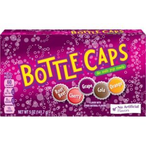 Bottle Caps Soda Pop Candy 141 gr. Bottle Caps sono le storiche caramelle americane ispirate ai gusti delle bibite gassate. Ogni pastiglia riproduce sapori iconici come cola, root beer, ciliegia, uva e arancia, con un gusto dolce e leggermente acidulo che richiama le soda vintage USA. Formato box da 141,7 g, perfetto per la condivisione e per gli amanti delle candy nostalgiche.