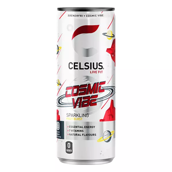 Celsius Cosmic Vibe è un energy drink senza zuccheri dal gusto tropicale agrumato, con note esotiche di starfruit e ananas. Contiene 200 mg di caffeina naturale da tè verde e guaranà, arricchito con vitamine B6, B12 e C. Vegano, senza glutine e non-OGM, è perfetto come pre-workout o per una carica di energia pulita e rinfrescante, da gustare ben freddo.