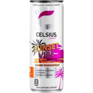 Celsius Sunset Vibe 355 ml. Celsius Sunset Vibe è l’energy drink funzionale dal gusto agrumato e fruttato ispirato ai colori del tramonto. Zero zuccheri, poche calorie e 200 mg di caffeina naturale da tè verde e guaranà, con zenzero e vitamine del gruppo B. Fresco, pulito e moderno: ideale prima dell’allenamento o quando serve energia senza il carico zuccherino delle classiche energy. Celsius Sunset Vibe è un energy drink senza zuccheri dal gusto agrumato tropicale. Contiene 200 mg di caffeina e vitamine essenziali B6, B12 e C. Vegano, senza glutine e non-OGM.