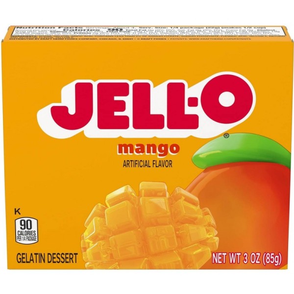 Jell-O Mango 85 gr. La classica gelatina al gusto di mango. E' uno dei dessert di gelatina più popolari d'America. Tutto quello che devi fare è mescolare la polvere con 1 tazza di acqua calda per 2 minuti. Metti un altra tazza di acqua fredda e mescola. Inserisci il liquido in 3 vaschette da 250 ml e riponili in frigorifero per 4 ore. Per una gelatina più gustosa inserisci dei pezzetti di frutta ed aspetta. Un dessert perfetto.