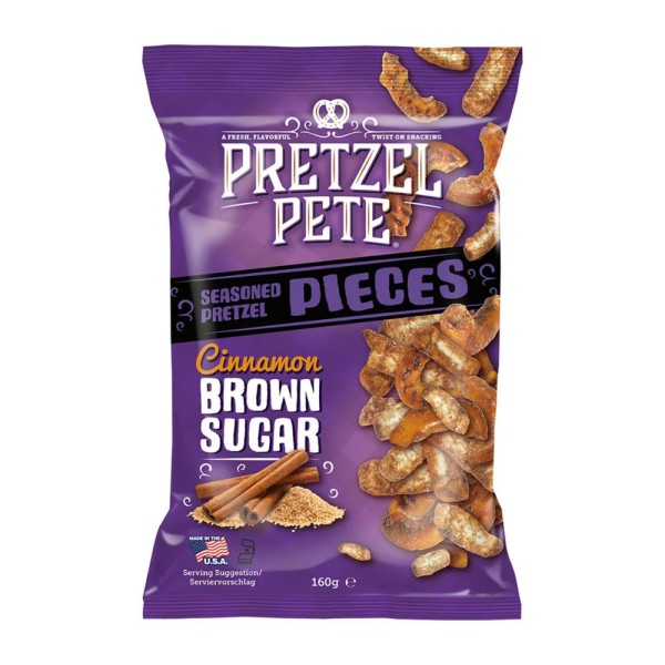 Pretzel-Pete-Cinnamon-Brown-Sugar-Pieces-160g (1) Pretzel Pete Pieces Cinnamon Brown Sugar 160 gr. Bocconcini di pretzel americani croccanti e dorati, ricoperti da una irresistibile miscela di cannella e zucchero di canna. Pretzel Pete Pieces Cinnamon Brown Sugar offrono il perfetto equilibrio tra dolcezza speziata e nota salata, con una texture super crunch che li rende uno snack unico e coinvolgente. Ideali da gustare da soli, da condividere o come alternativa originale ai classici snack dolci.