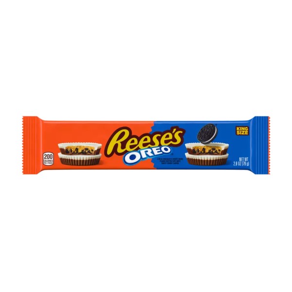 Reese’s Peanut Butter Cup with OREO Reese's Peanut Butter Cup With Oreo King Size 79 gr. Ricco e avvolgente: 🍫 Cioccolato al latte 🥜 Burro di arachidi cremoso e sapido 🍪 Biscotto OREO al cacao croccante