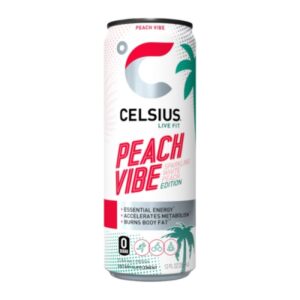 Celsius Peach Vibe 355 ml. Celsius Peach Vibe è un energy drink senza zuccheri dal gusto pesca succosa e rinfrescante. Fornisce 200 mg di caffeina naturale da tè verde e guaranà, con vitamine essenziali B6, B12 e C. Vegano, senza glutine e non-OGM: ideale pre-workout o quando serve energia pulita e senza zuccheri, da gustare ben freddo.
