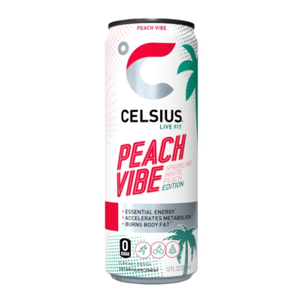 Celsius Peach Vibe 355 ml. Celsius Peach Vibe è un energy drink senza zuccheri dal gusto pesca succosa e rinfrescante. Fornisce 200 mg di caffeina naturale da tè verde e guaranà, con vitamine essenziali B6, B12 e C. Vegano, senza glutine e non-OGM: ideale pre-workout o quando serve energia pulita e senza zuccheri, da gustare ben freddo.