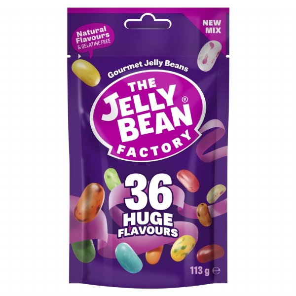 The Jelly Bean Factory 36 Huge Flavours 113g – Jelly Beans Assortiti. Jelly beans premium con ben 36 gusti diversi in un’unica confezione. Colorate, fruttate e super intense, prodotte in Irlanda con ingredienti di alta qualità. The Jelly Bean Factory 36 Huge Flavours è la confezione perfetta per chi ama la varietà e le caramelle di qualità superiore. All’interno trovi 36 gusti diversi, ognuno con un profilo aromatico unico, che spaziano dalla frutta classica ai sapori più originali e sorprendenti.