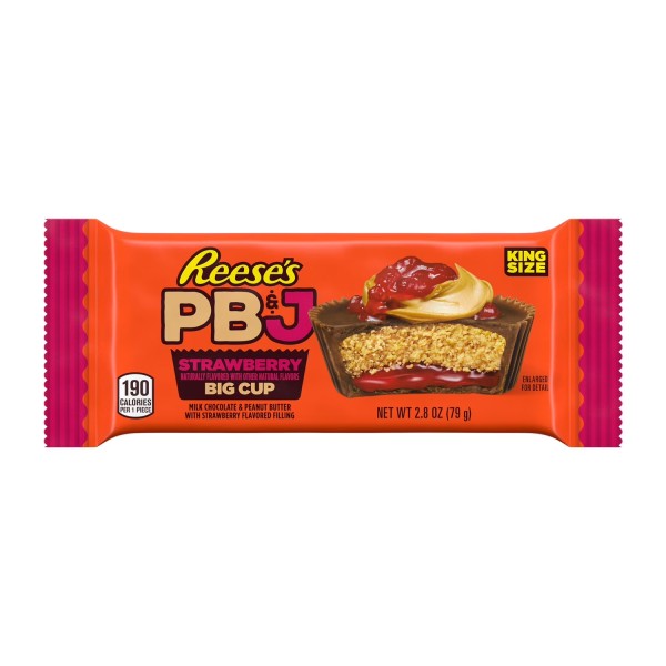 Reese's PB&J Strawberry 2 big cup 79gr l’unione perfetta tra il classico burro d’arachidi Reese’s e un cuore cremoso di marmellata alla fragola. Un gusto irresistibile che richiama il celebre sandwich americano PB&J, in una versione golosa e intensa. Dolce, salato e assolutamente INGORDO. Pacchetto da 2 big cup king size.