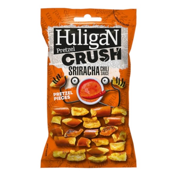 Huligan Pretzel Crush Sriracha Chilli Sauce 65 gr. Huligan Pretzel Crush alla Salsa Sriracha è uno snack croccante dal gusto piccante e speziato, composto da pezzi di pretzel aromatizzati con condimento alla salsa Sriracha chili, perfetto come aperitivo o spuntino con un tocco deciso e audace.