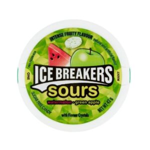 Ice Breakers Sours Watermelon Green Apple 42 gr. Caramelle dure extra sour dal gusto fruttato e intenso. Caramelle senza zucchero dal gusto super sour di anguria e mela verde. Fresche, intense e perfette per chi ama i sapori forti. Ice Breakers Sours Watermelon & Green Apple è pensato per gli amanti delle caramelle davvero acidule. L’unione tra la dolcezza fresca dell’anguria e la nota pungente della mela verde crea un’esplosione di gusto immediata, intensa e divertente.