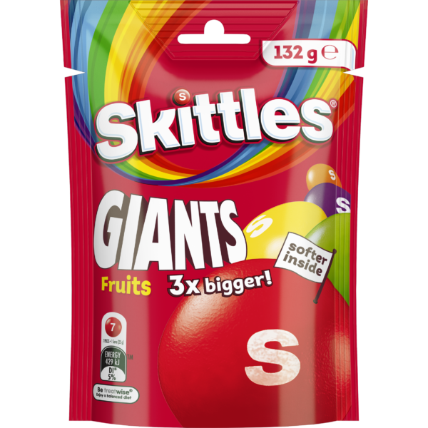 Queste Skittles Fruit Giants 132 gr sono piccole caramelle alla frutta rivestite di un croccante guscio zuccherino. Sono ideali per decorare dolci, ma anche da sgranocchiare mentre si è in giro, al lavoro, o semplicemente nel trascorrere un po’ di tempo con qualcuno, magari al cinema. La proposta qui sotto è ai frutti di: fragola, lime, limone, arancio e ribes nero.  Inoltre sono 3 volte più grandi rispetto al formato classico. Scopri Skittles Fruit Giants!