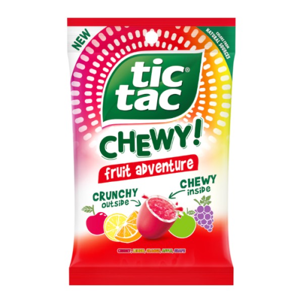 Tic Tac Chewy Fruit Adventure porta il mondo Tic Tac in una nuova dimensione: una caramella innovativa con rivestimento croccante e cuore gommoso. I gusti fruttati sono intensi, dolci e freschi, perfetti per chi cerca una caramella più morbida ma sempre divertente. Un prodotto moderno, colorato e irresistibile, ideale per tutte le età e perfetto per distinguersi sugli scaffali.