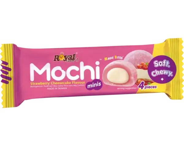 Royal Family Mochi Mini Strawberry Cheese Cake 40 gr. I Royal Family Mini Mochi Strawberry Cheesecake sono deliziosi bocconcini giapponesi dalla consistenza morbida ed elastica, ripieni di una crema ispirata alla cheesecake alla fragola. Il contrasto tra la dolcezza della fragola e le note cremose del formaggio crea uno snack raffinato e irresistibile, perfetto per una pausa dolce o come dessert veloce. Il formato compatto da 40g è ideale da portare ovunque.