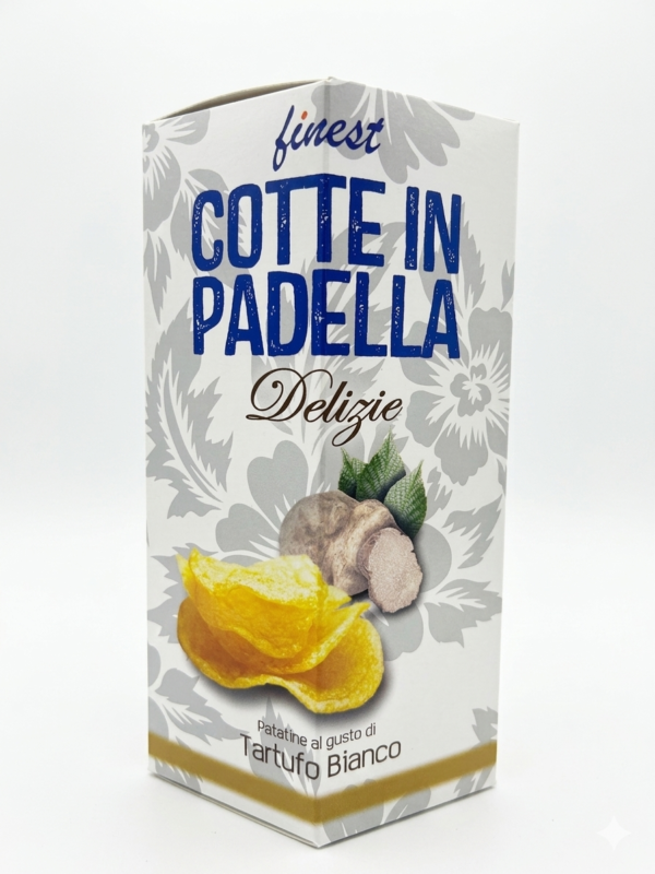 Cotte in Padella Delizie con Tartufo Bianco, queste patatine sprigionano un aroma intenso e raffinato. Croccanti e dorate, offrono il perfetto equilibrio tra il gusto autentico della cottura in padella e le eleganti note del tartufo bianco, per uno snack gourmet irresistibile.