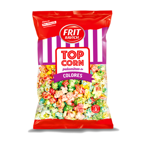 Top Corn Color – Popcorn Dolce di Mais Colorato. Top Corn Colores di Frit Ravich sono deliziosi popcorn ricoperti da una leggera glassatura colorata che li rende irresistibili sia per il gusto che per l’aspetto. Croccanti e divertenti, sono perfetti per feste, cinema a casa o per uno snack originale in qualsiasi momento della giornata. Ogni popcorn è ricoperto da una copertura dolce e aromatizzata alla frutta, che dona ai chicchi i loro vivaci colori e un sapore piacevolmente zuccherino e leggermente fruttato.