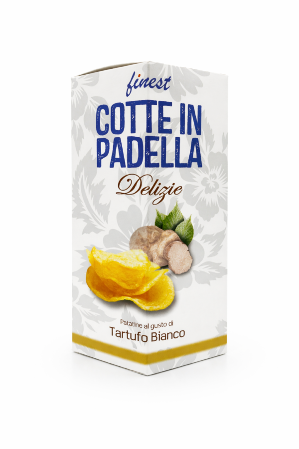 Cotte in Padella Delizie con Tartufo Bianco, queste patatine sprigionano un aroma intenso e raffinato. Croccanti e dorate, offrono il perfetto equilibrio tra il gusto autentico della cottura in padella e le eleganti note del tartufo bianco, per uno snack gourmet irresistibile.