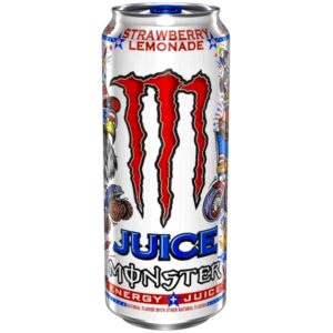 Monster Juice Strawberry Lemonade 473 ml. Energy drink con vero succo al gusto fragola e limonata. Dolce, fresco e super americano, con tutta la carica Monster. Monster Juice Strawberry Lemonade è una delle varianti più bevibili e amate della linea Juice. Unisce il gusto dolce e pieno della fragola con la freschezza leggermente acidula della limonata, creando un equilibrio perfetto tra energia e piacere.