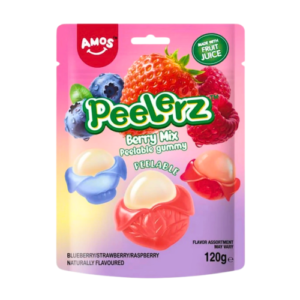 Le Amos Peelerz Gummy Berry Mix 120g sono caramelle gommose innovative con effetto “peelable”: puoi sbucciarle come un frutto prima di mangiarle. Questa versione da 120g è perfetta per chi vuole più quantità e condivisione, con un mix di gusti ai frutti di bosco e una consistenza unica doppio strato: esterno più compatto e interno morbido. Un prodotto virale che sta spopolando sui social.