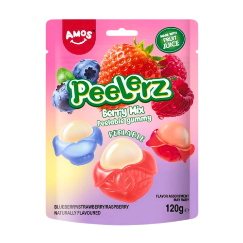 amos berry mix Le Amos Peelerz Gummy Berry Mix 120g sono caramelle gommose innovative con effetto “peelable”: puoi sbucciarle come un frutto prima di mangiarle. Questa versione da 120g è perfetta per chi vuole più quantità e condivisione, con un mix di gusti ai frutti di bosco e una consistenza unica doppio strato: esterno più compatto e interno morbido. Un prodotto virale che sta spopolando sui social.