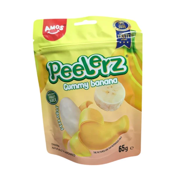 Amos Peelerz Gummy Banana 65 gr. Amos Peelerz Gummy Banana è una delle caramelle più virali del momento. La particolarità? Si possono “sbucciare” proprio come un frutto vero, grazie alla struttura peelable che rende l’esperienza unica e super divertente. Gummy peelable al gusto banana: si sbucciano come una vera banana. Divertenti, virali e super morbide.