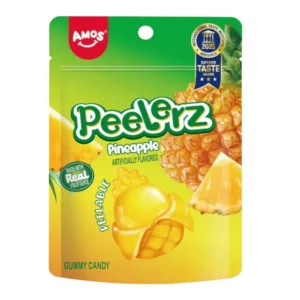 Amos Peelerz Gummy Pineapple Halal 65 gr. Amos Peelerz Gummy Pineapple è una delle caramelle più virali del momento. La particolarità? Si possono “sbucciare” proprio come un frutto vero, grazie alla struttura peelable che rende l’esperienza unica e super divertente.
