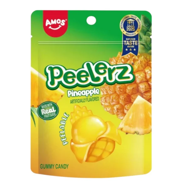 Amos Peelerz Gummy Pineapple Halal 65 gr. Amos Peelerz Gummy Pineapple è una delle caramelle più virali del momento. La particolarità? Si possono “sbucciare” proprio come un frutto vero, grazie alla struttura peelable che rende l’esperienza unica e super divertente.