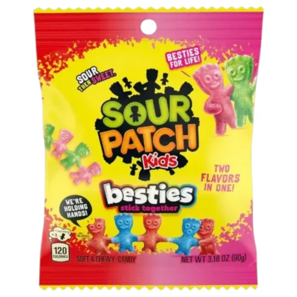 Sour Patch Kids Besties Assorted 90 gr. Sour Patch Kids Besties Assorted è una delle varianti più originali della celebre linea Sour Patch Kids. Ogni coppia di personaggi è “attaccata mano nella mano” e combina due gusti diversi nella stessa caramella, creando mix fruttati unici e divertenti.