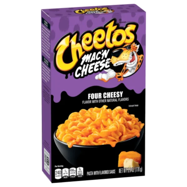 Cheetos Mac N Cheese Four Cheesy porta il classico comfort food americano a un livello ancora più estremo grazie a una miscela di quattro formaggi dal gusto intenso e cremoso. Questa versione combina cheddar, parmesan, swiss e monterey jack per creare una salsa ricca, avvolgente e piena del caratteristico sapore Cheetos. La pasta a spirale trattiene perfettamente il condimento, rendendo ogni boccone super cheesy e ultra soddisfacente. Facile e veloce da preparare, è perfetto per chi ama il vero mac & cheese americano o vuole provare uno dei prodotti Cheetos più virali degli ultimi anni.