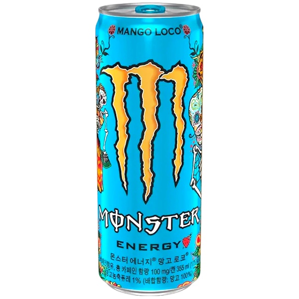 Monster Energy Mango Loco Korea 355 ml . E' la perfetta combinazione di sapori esotici di Mango, Ananas, Guava e frutto della passione. La lattina ha una veste grafica ispirata alla festa messicana del Dia de los Muertos. Lattina Coreana da 3355 ml con logo Monster su linguetta colorata. Scopri Monster Energy Mango Loco Versione Coreana.
